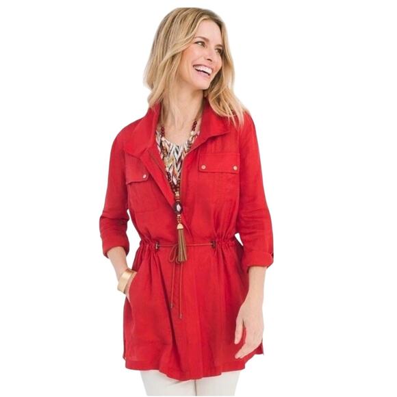 Chicos Snake Print Roll-Tab Sleeves Long Utility Light Jacket Size 3  Size 16/18 - Picture 1 of 12